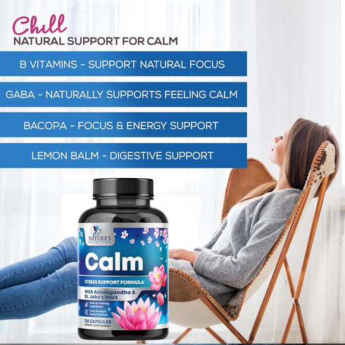Natural Calm Unwind & Relax Support with Ashwagandha, GABA, Magnesium, 120 Vegan Capsules