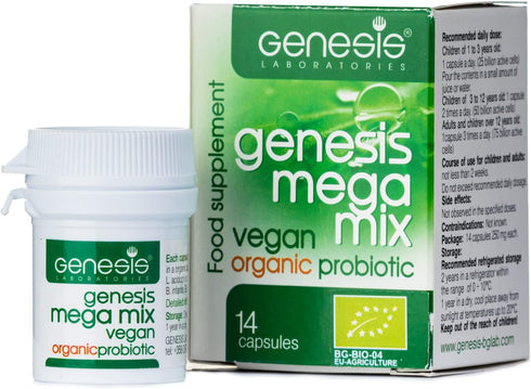 Genesis MegaMix Bio Vegan Probiotic with Lactobacillus and Bifidobacterium Strains may support Gut Helth, Digestion, Immune system 250 Mg per capsule 14 caps