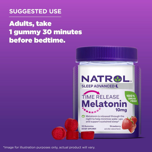 Natrol 10 mg Time Release Melatonin Gummies, 55 Strawberry-Flavored Dietary Supplement for Restful Sleep