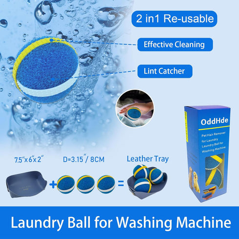 2 in 1 Pet Hair Remover for Laundry, Reusable Washing Machine Pet Hair Catcher-Fur, Lint,Cat&Dog Hair Remover for Laundry, Effective Laundry Balls, with Leather Tray Storage Box, 3 PCS (Blue)