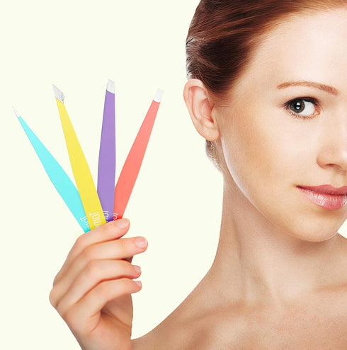 Tweezers for Eyebrows, 4-Piece Slant Tip and Pointed Set for Precision Hair Removal