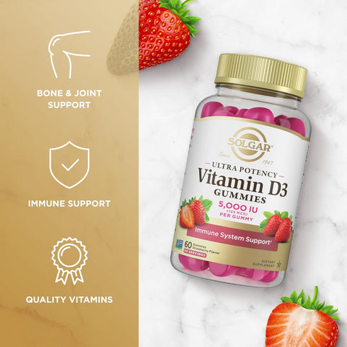 Solgar Vitamin D3 Gummies for Adults 5,000IU Ultra Potency - Immune System Support, Tasty Strawberry Flavor, 60 Servings