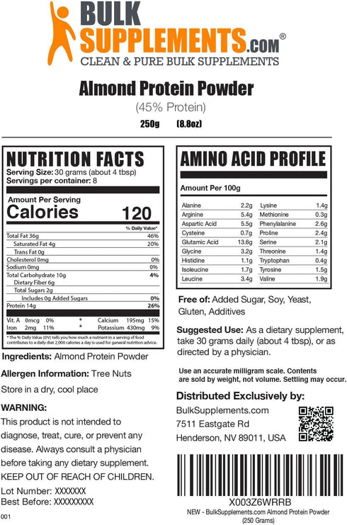 BulkSupplements.com Almond Protein Powder - Flavorless Plant Based Protein, Unflavored & Gluten Free, 250g (8.8 oz)