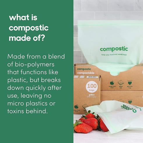 Home Compostable Resealable Gallon Bags, 60 Count (10.5"x10.5"), Microwave & Freezer Safe Organic Food Storage Container