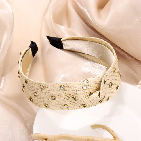 Rhinestone Rattan Headband - Fashion Boho Wide Head Band for Women and Girls Hair Accessories (Offwhite)