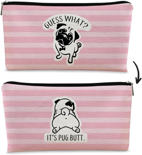 Pug Gifts for Pug Lovers - Pink Stripe Makeup Bag, Cute Pug Canvas Zipper Pouch, Funny Pug Butt Gifts