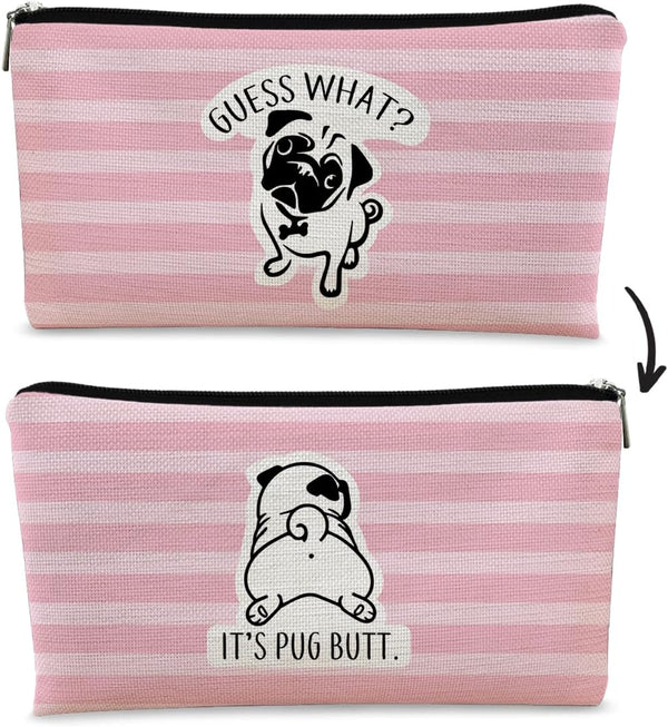 Pug Gifts for Pug Lovers - Pink Stripe Makeup Bag, Cute Pug Canvas Zipper Pouch, Funny Pug Butt Gifts