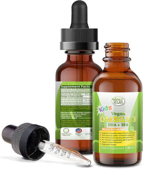 Omega 3 for Kids - Organic Vegan Liquid Supplement, Kids Fish Oil with DHA, EPA, DPA - Plant Based Algae Oil, 30-60