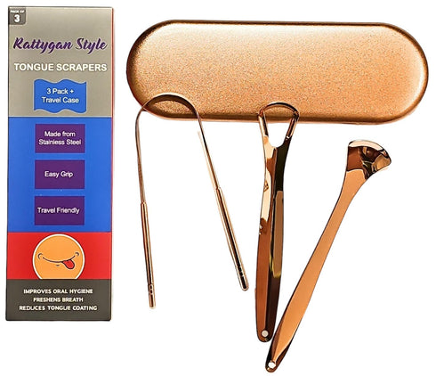 Metal Tongue Scrapers, 3 Piece Set 304 Stainless Steel with Storage Case