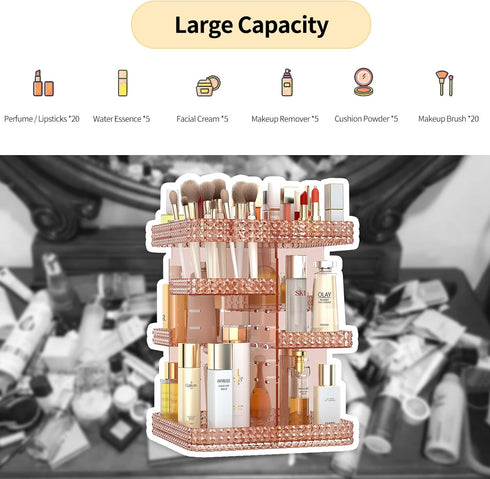 Vanity Organizer, 360 Rotating Acrylic Skin Care Organizer, Large Capacity for Countertop with Makeup Brush Holder -
