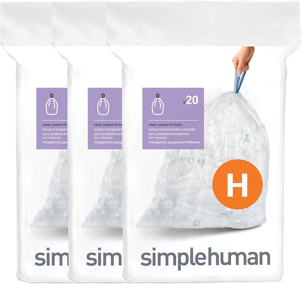 simplehuman CW0286 Code H Custom Fit Bin Liner Bulk Pack, Clear Plastic, 3 Pack of 20, Total 60 Liners
