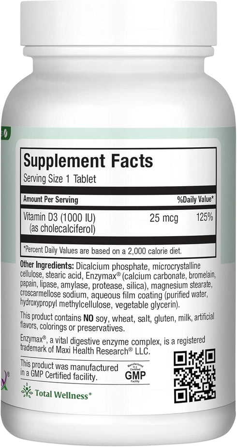 Maxi Health Vitamin D3 1000 IU Dietary Supplement, Easy to Swallow, 90 Tablets, Supports Immune Health