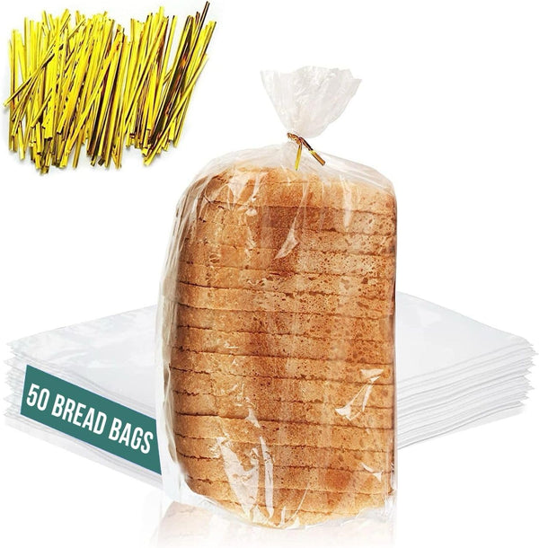 Reusable Plastic Bread Bags, 50 Pack Clear Bags with Ties for Airtight Storage of Homemade Bread