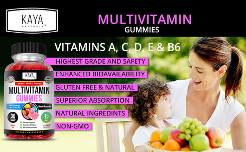 Kaya Naturals Adult Multi Vitamin Gummy, Strawberry Flavor, Biotin, Vitamins A, C, E, Zinc, B-12, 60 Gummies