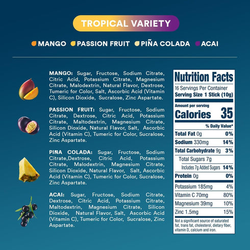 DripDrop Hydration - Tropical Variety Pack, 16 Non-GMO Electrolyte Drink Mix Packets, Mango, Açaí, Passion Fruit &
