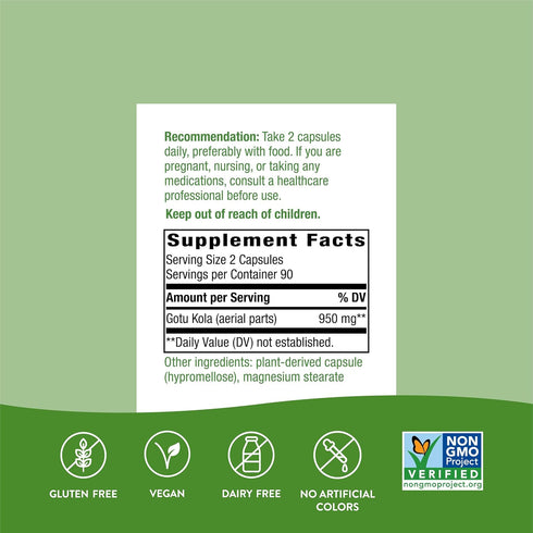 Nature's Way Gotu Kola - 950 mg per 2-Capsule Serving, 180 Vegan Capsules