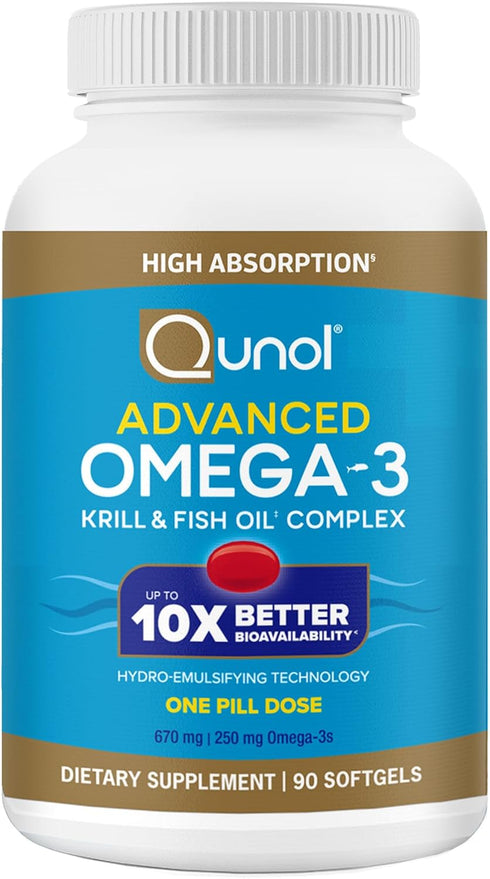 Qunol Advanced Omega 3 Krill and Fish Oil Complex, 250mg EPA & DHA, 10x Better Bioavailability, 90 Count