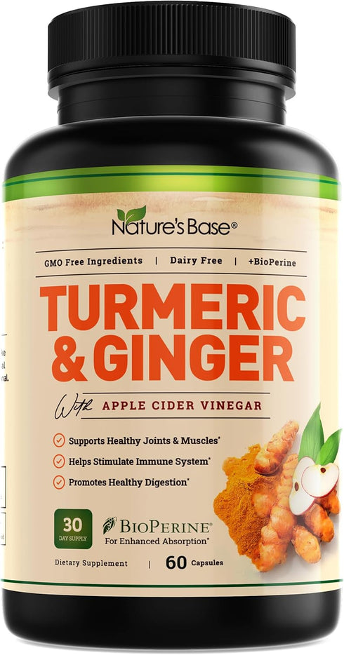 Turmeric and Ginger Supplement - Tumeric Curcumin Joint Support Pills with Apple Cider Vinegar & BioPerine, 60 Capsules