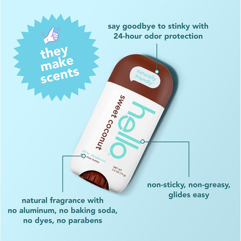 hello Sweet Coconut Deodorant with Shea Butter, Aluminum Free, 24 Hour Odor Protection, 2.6 Ounce, 2 Pack