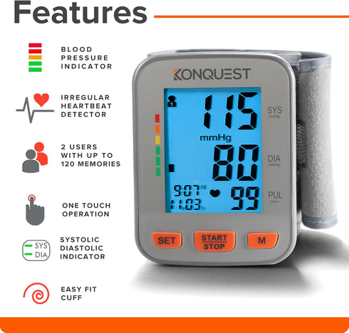 Konquest KBP-2910W Automatic Wrist Blood Pressure Monitor, Accurate Adjustable Cuff, Large Screen Display, Portable Case