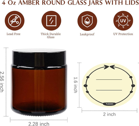 TUZAZO 12 Pack 4 Oz Thick Amber Round Glass Jars with Lids - Empty Candle Making Jars/Food Storage Canning Jars/Cosmetic Containers with Leakproof Lids for Cream Lotion Body Butter Beauty Products by TUZAZO