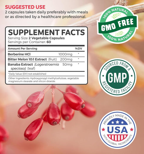 Berberine Supplement 500mg - Non-GMO & Vegetarian, Plus Bitter Melon & Banaba Leaf Extract, 120 Caps