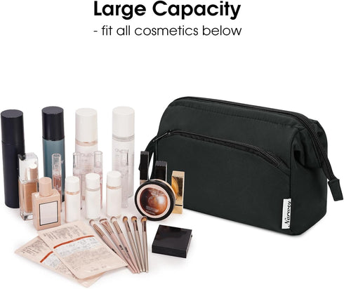 Narwey Large Women Makeup Bag, Wide-open Travel Cosmetic Organizer Toiletry Bag for Cosmetics & Accessories (Black)