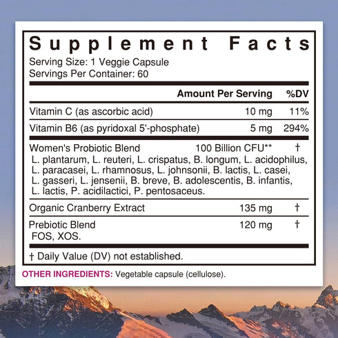 NewRhythm Probiotics for Women, P-5-P, Vitamin C & Organic Cranberry, 100 Billion CFU 18 Strains, Prebiotics & Probiotics, Vaginal Probiotics for Digestive Health & PH Balance, 60 Capsules, No Dairy