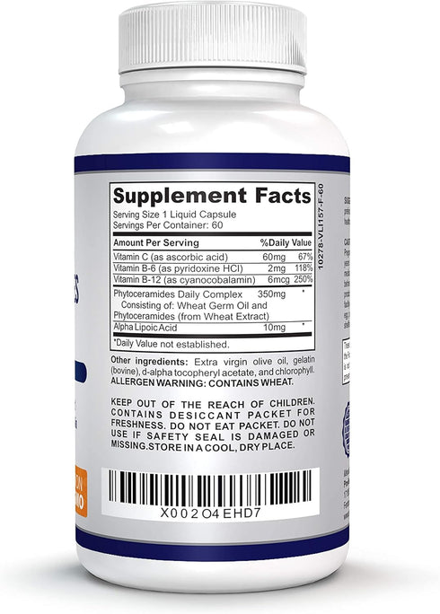 Phytoceramides Complex for Skin Repair, Anti-aging Support with Vitamins C, B-6, B-12, 60 Non-GMO Capsules