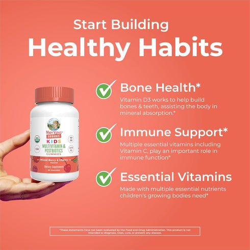 MaryRuth Organics Kids Vitamins, USDA Organic, Kids Multivitamin Gummies + Postbiotics for Ages 4+, Multivitamin for Kids with Lactobacillus Rhamnosus, Vitamins for Kids, Vegan, Non-GMO, 60 Count