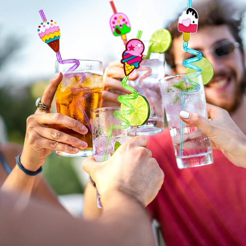 24PCS Reusable Ice Cream Drinking Straws for Kids Birthday Party Favors, Includes 2 PCS Cleaning Brushes (Ice Cream)