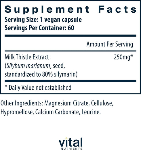 Vital Nutrients Milk Thistle Extract 250mg | Vegan Milk Thistle Supplement for Liver Function & Detox | Antioxidant Support for Glutathione Production | Gluten, Dairy, Soy Free | Non-GMO | 60 Capsules