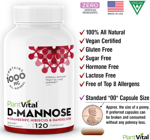 Plantvital D Mannose Capsules 1000mg with Cranberry - High Potency for Bladder, Kidney, Urinary Tract Support, 2 Months