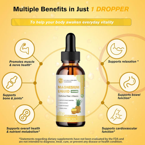 Magnesium Glycinate Liquid - 2 Pack - 1000mg Magnesium Liquid Supplement with Cellulose Fiber, Bromelain, Vitamins B6,