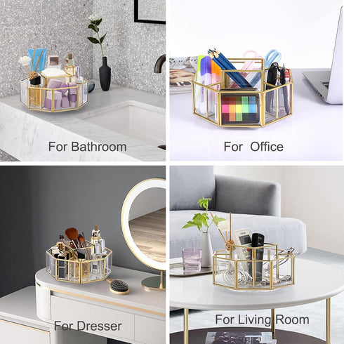 Hipiwe 360 Degree Rotating Glass Makeup Organizer, 5 Slots, Gold Metal Cosmetic Storage Display Holder
