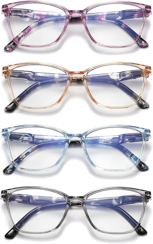 4 Pack Blue Light Blocking Reading Glasses for Women Men, Fashion Square Computer Readers with Spring Hinge