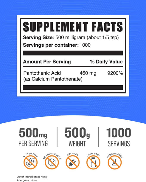 BulkSupplements.com Vitamin B5 Powder - Calcium Pantothenate, Gluten Free, 500mg per Serving, 500g (1.1 lbs)
