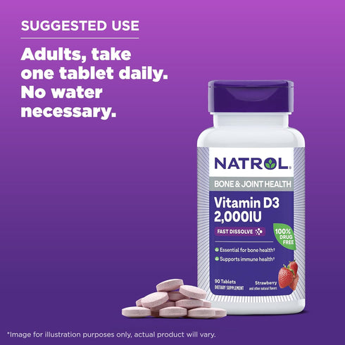 Natrol Fast Dissolve Vitamin D3 2,000 IU - 90 Tablets for Bone and Joint Health
