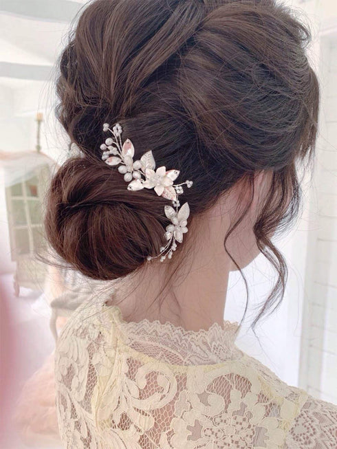 Unicra Bridal Flower Hair Pins, Wedding Pearl Hair Piece Crystal Accessories for Women and Girls (Pack of 3) (A-Silver)