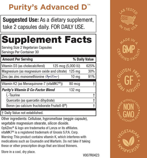 Purity Products Dr. Cannell's Advanced D - Vitamin D3 Super Formula with K2, Zinc, Magnesium Citrate, Boron (60