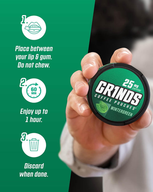 Grinds Coffee Pouches | Tobacco Free, Nicotine Free Healthy Alternative | 3 Cans Wintergreen, 18 Pouches Per Can