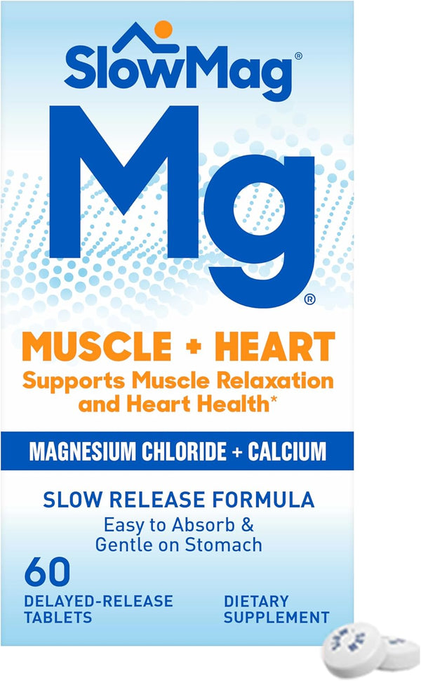 SlowMag Muscle + Heart Magnesium Chloride with Calcium Supplement - Supports Muscle Relaxation and Heart Health, 60