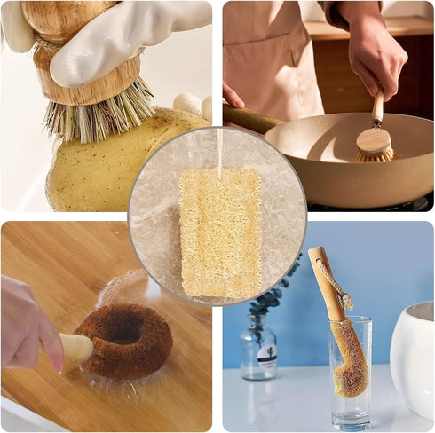 Voittozege 7 Set Piece Wooden Dish Brush Natural, Bamboo Brush Kitchen Dish Cleaning Brush Pot Brush & Bottle Cleaner