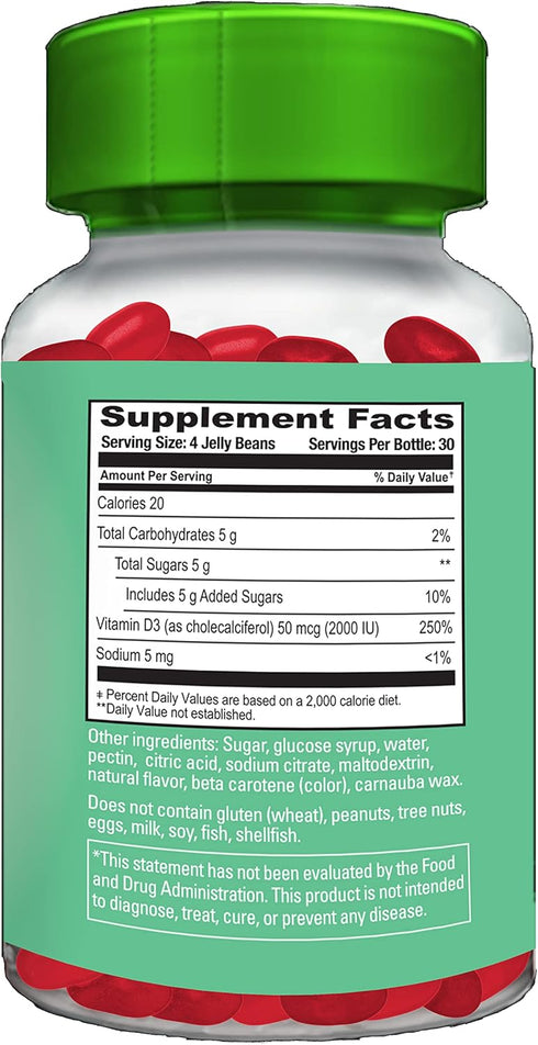 Vitamin D3 Jelly Bean Gummies for Adults, 2000 IU Vitamin D, Nutritional Vegetarian Supplements, 120 Strawberry Blast