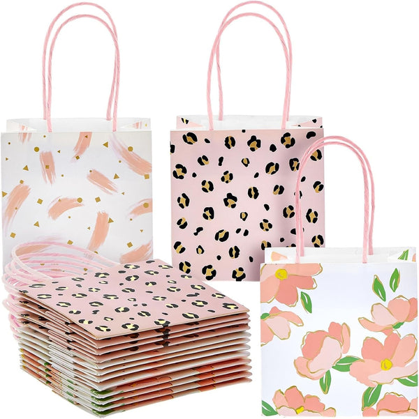 Sparkle and Bash Mini Gift Bags with Handles, 12-Pack, 5 x 5 x 3 in, Pink Floral & Animal Assortment for Party Favors