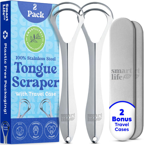 Tongue Scraper for Adults - Dual Head Stainless Steel Cleaner with Travel Metal Case, 2pk