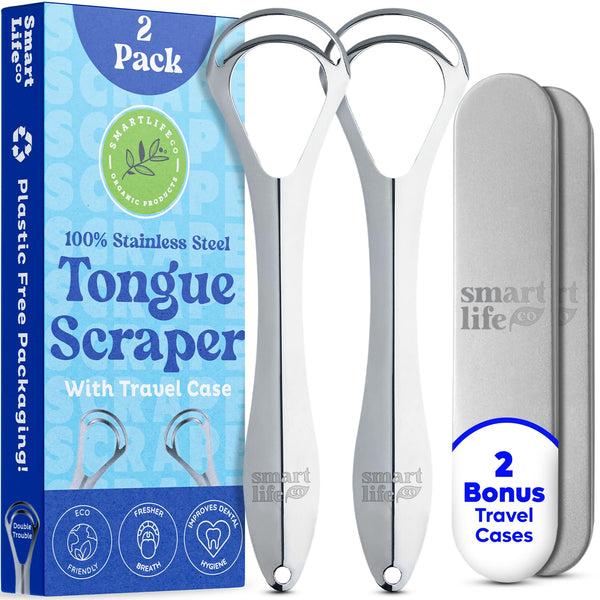 Tongue Scraper for Adults - Dual Head Stainless Steel Cleaner with Travel Metal Case, 2pk