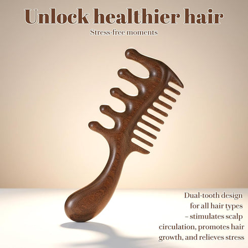 KFHENSOMR 1 PCS Wooden Scalp Massager Comb Natural Sandalwood Scalp Massager Comb Wide Fine Tooth with Handle for Men
