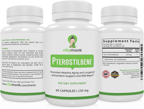 VitaMonk Pterostilbene 150mg Capsules, No Artificial Fillers, 60 Veggie-Caps, Healthy Aging Supplement