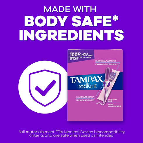Multipack, 112 Count (4 Packs 28), Packaging Tampax Radiant Tampons for Women with LeakGuard Braid, Regular/Super/Super